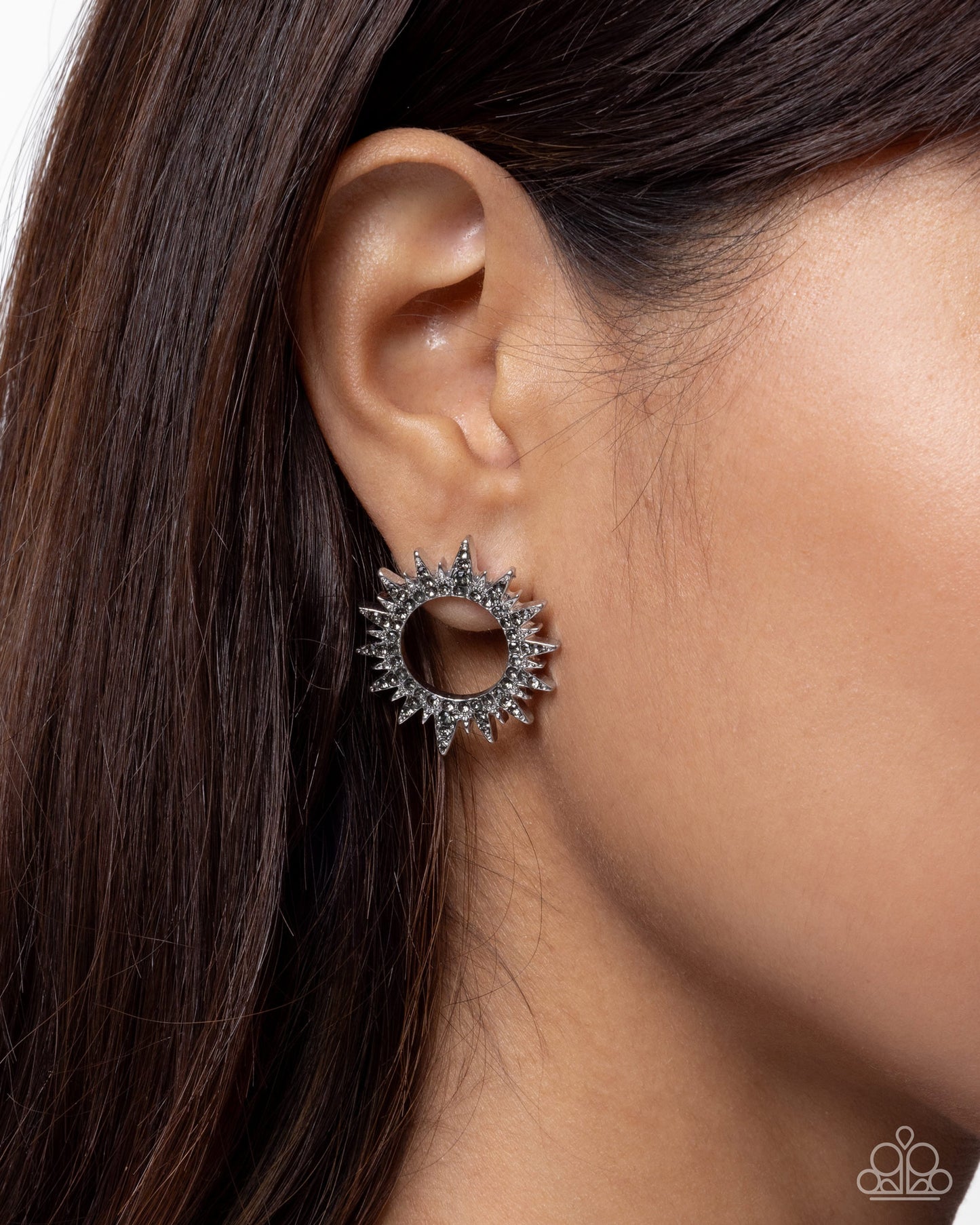 Paparazzi Stellar Stealth - Silver Spiked Wreath Smoky Rhinestone Post Earring E3411