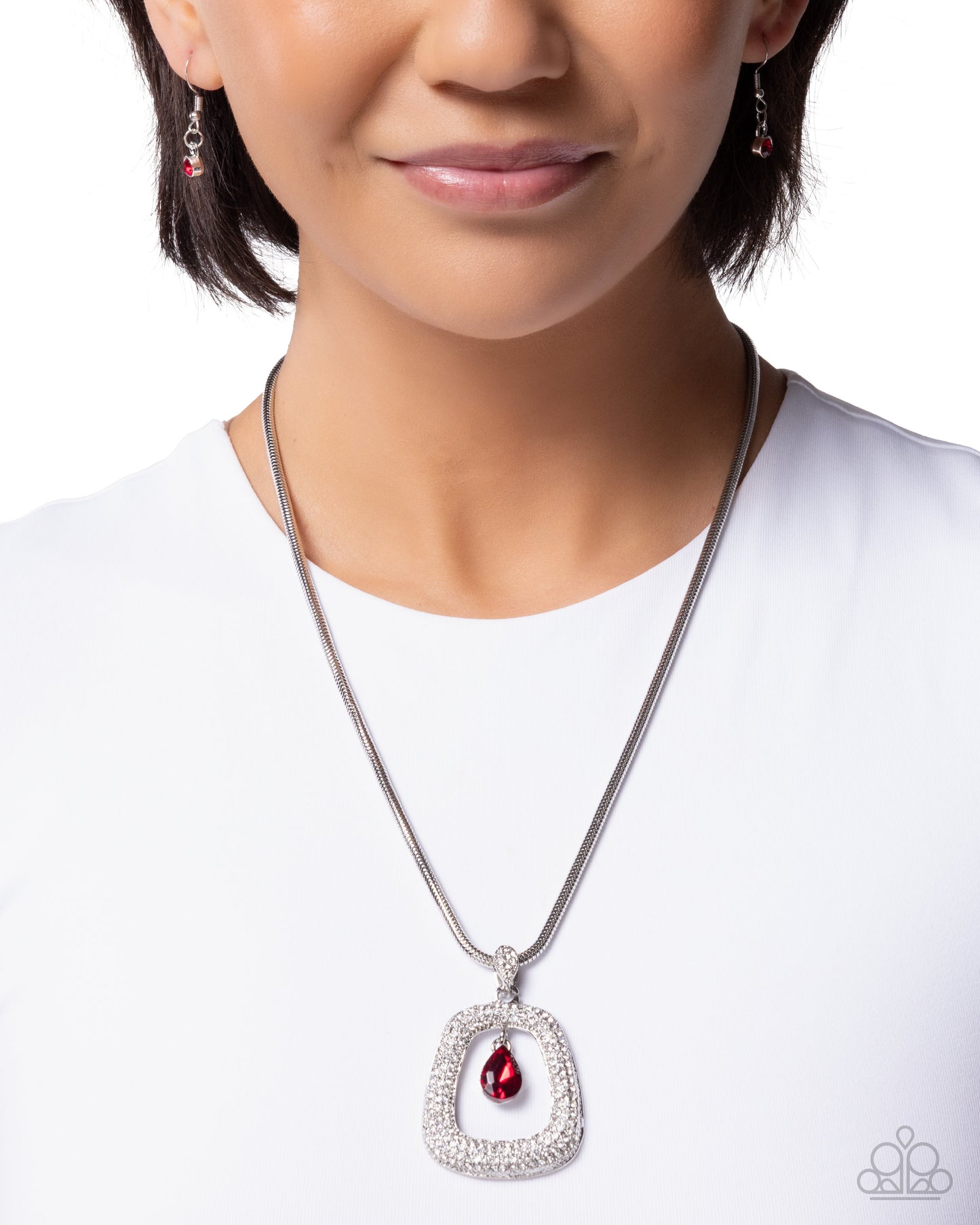 Paparazzi Scattered Spell - Red Teardrop Gem & White Rhinestone Silver Necklace N2176
