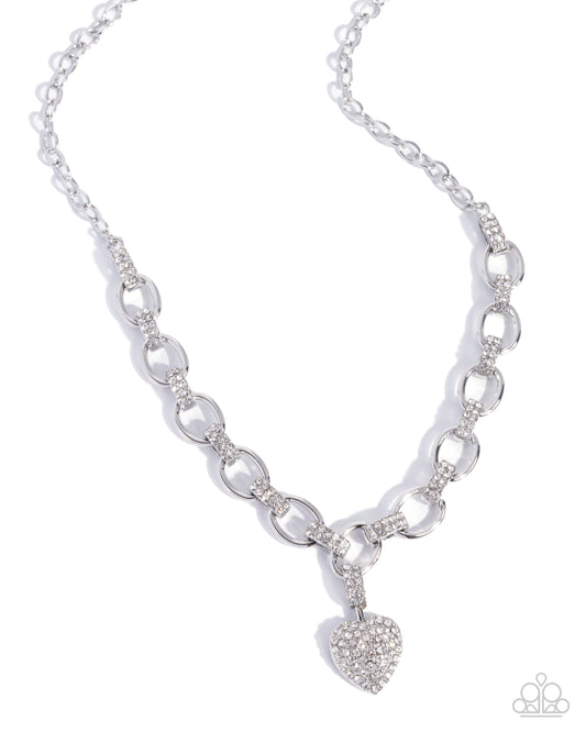 Paparazzi Sweetheart Swoon - White Rhinestone Heart Silver Heart Necklace N1530