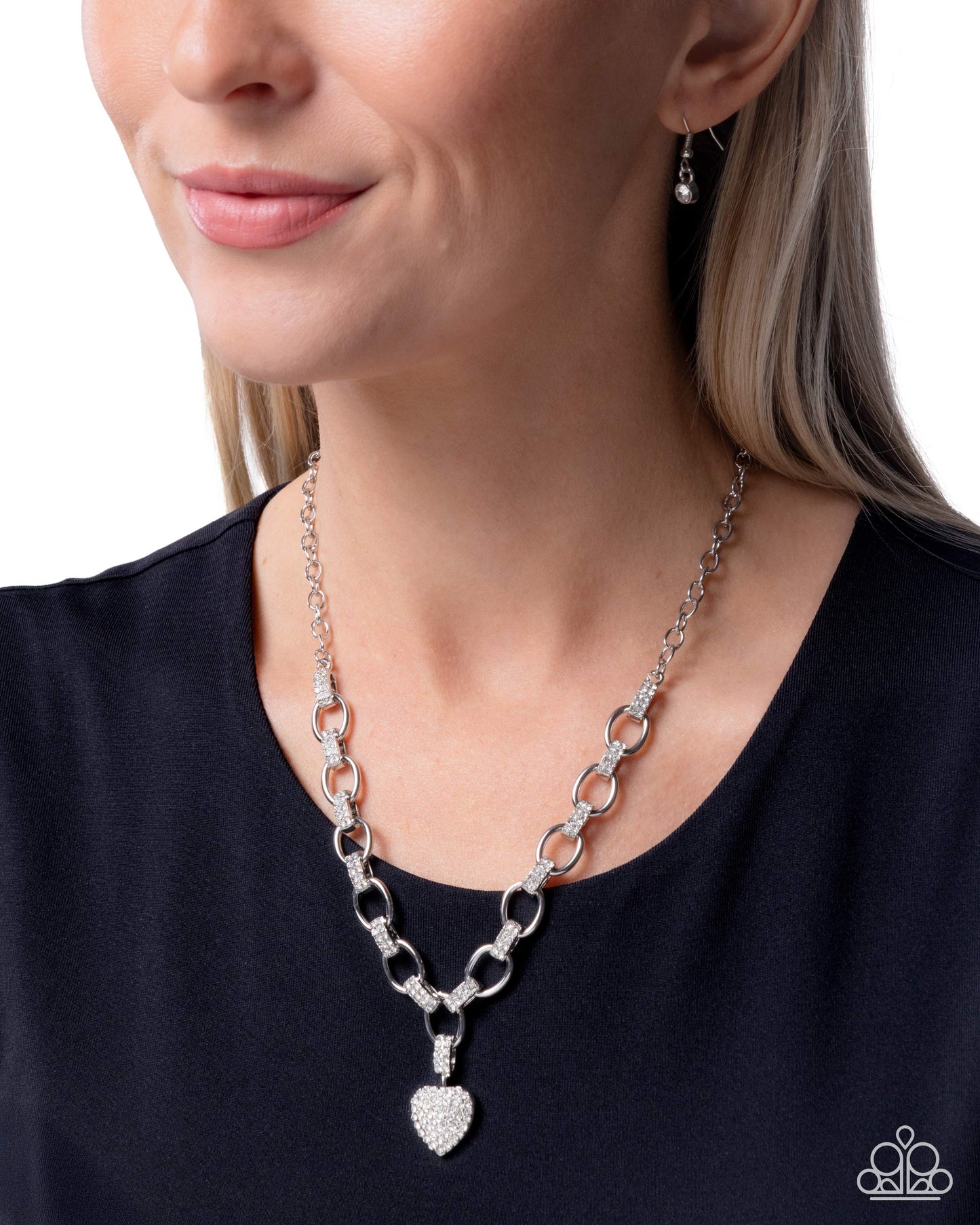 Paparazzi Sweetheart Swoon - White Rhinestone Heart Silver Heart Necklace N1530