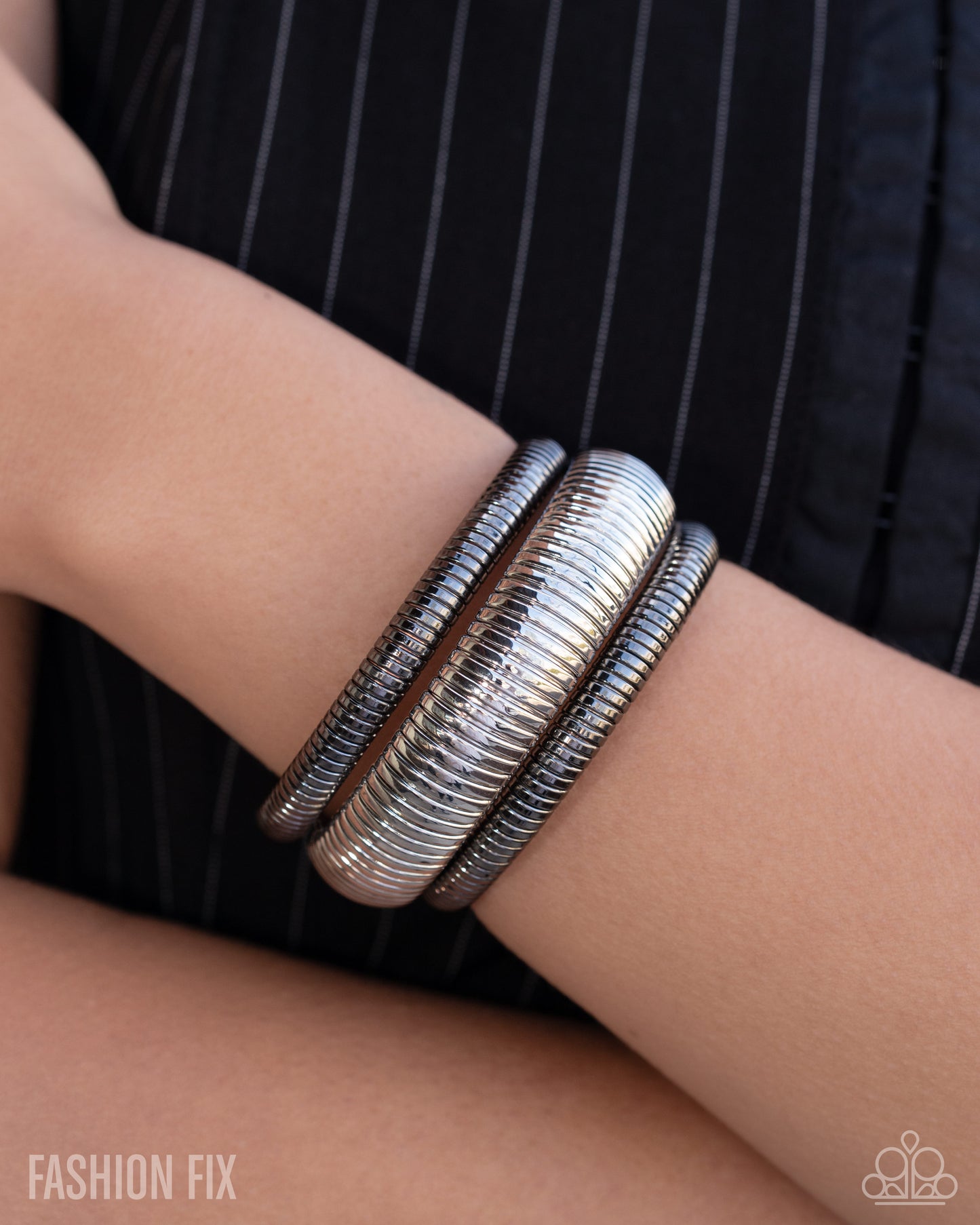 Paparazzi Tactile Takedown - Silver & Gunmetal Flexible Cuff Bracelet Magnificent Musings August 2026 Fashion Fix