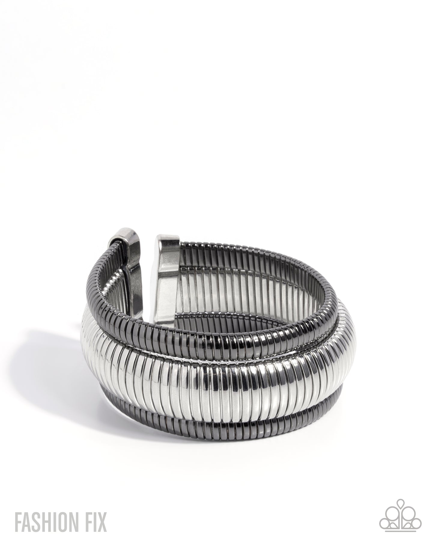 Paparazzi Tactile Takedown - Silver & Gunmetal Flexible Cuff Bracelet Magnificent Musings August 2026 Fashion Fix