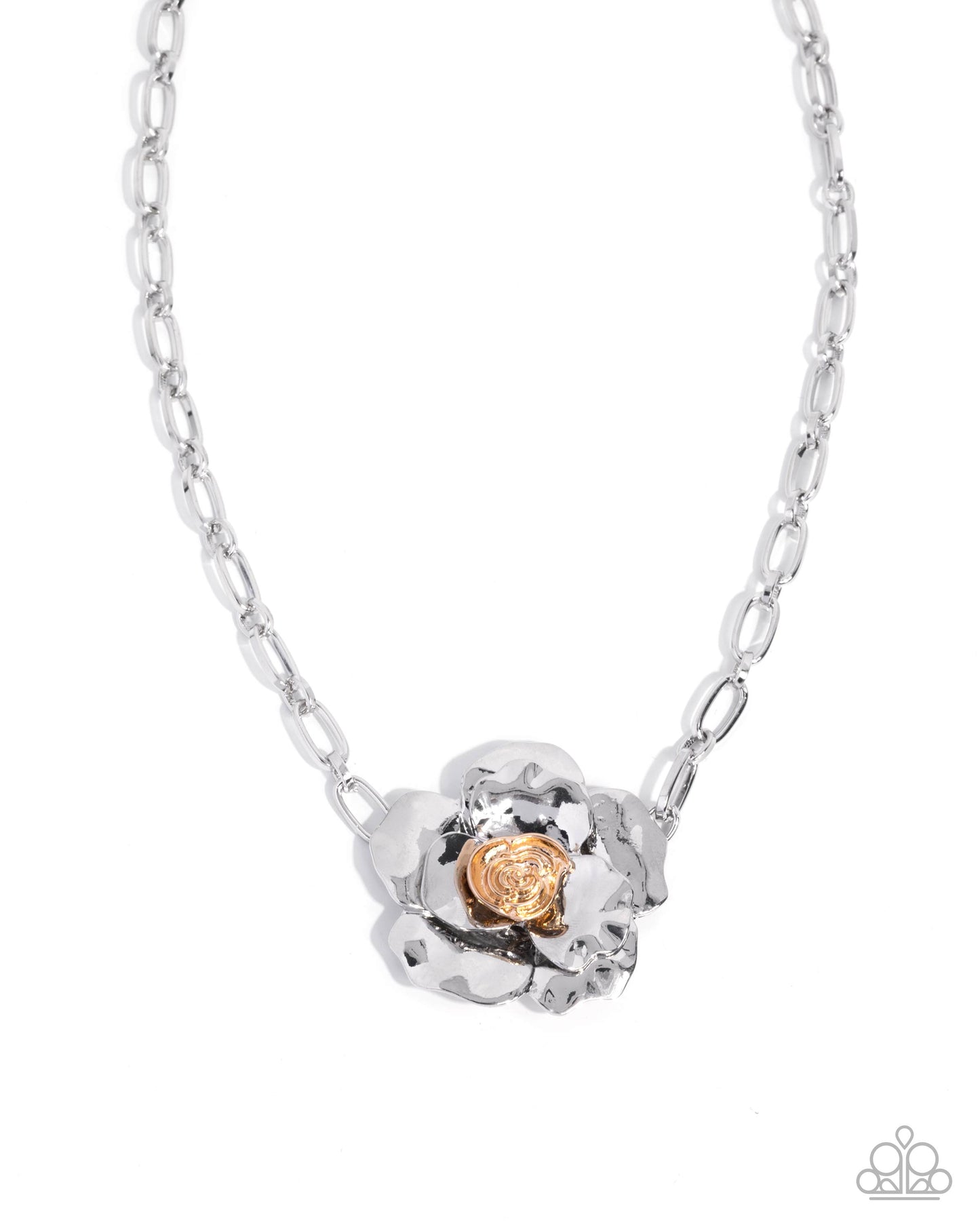 Paparazzi Flourishing Fanfare - Silver Layered Flower & Gold Center Necklace N3954
