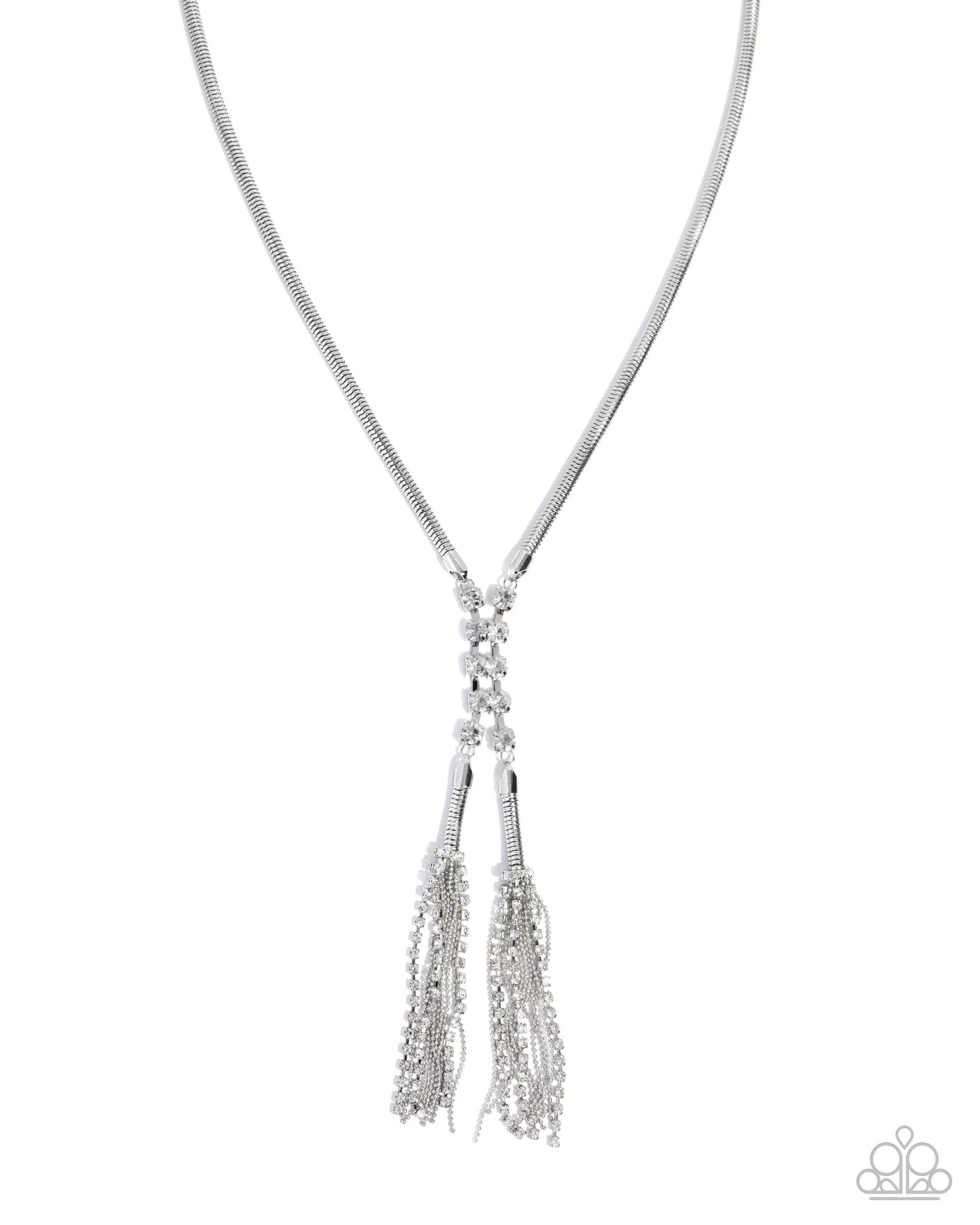Paparazzi Classical Movement - White Gem & Silver Serpentine Chain Fringe Necklace