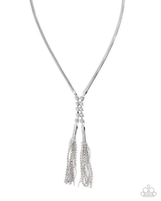 Paparazzi Classical Movement - White Gem & Silver Serpentine Chain Fringe Necklace N2799