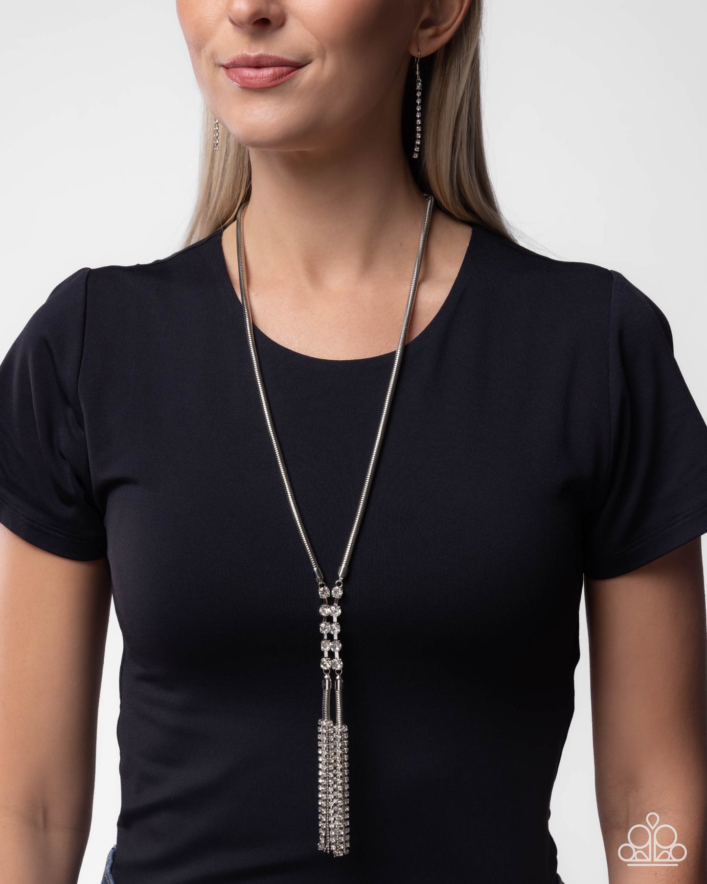 Paparazzi Classical Movement - White Gem & Silver Serpentine Chain Fringe Necklace