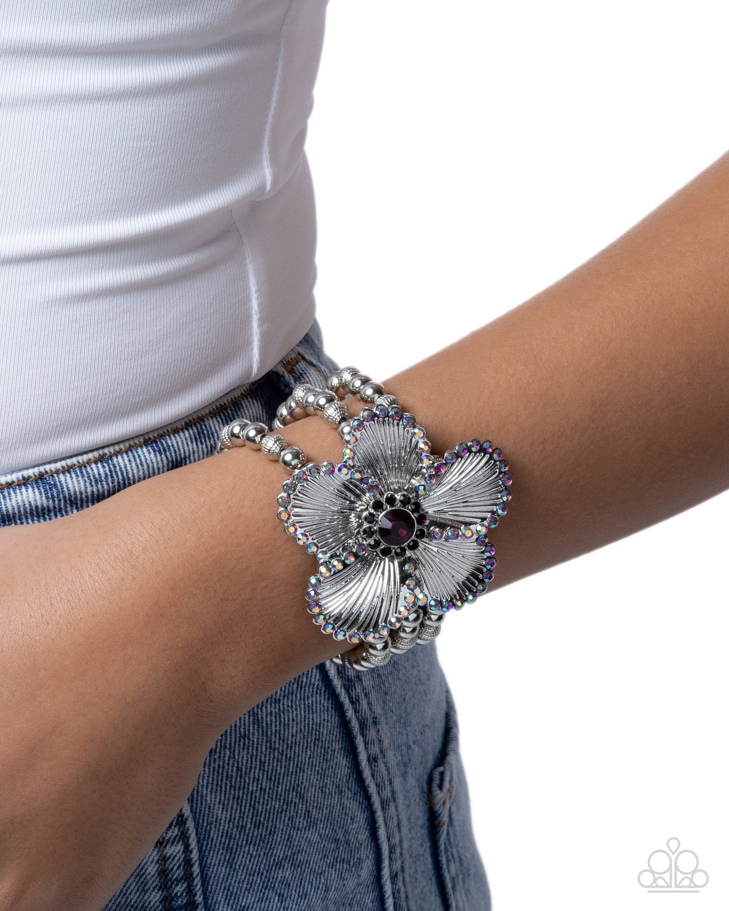 Paparazzi Blooming Bourre - Purple & Silver Flower Stretch Bracelet