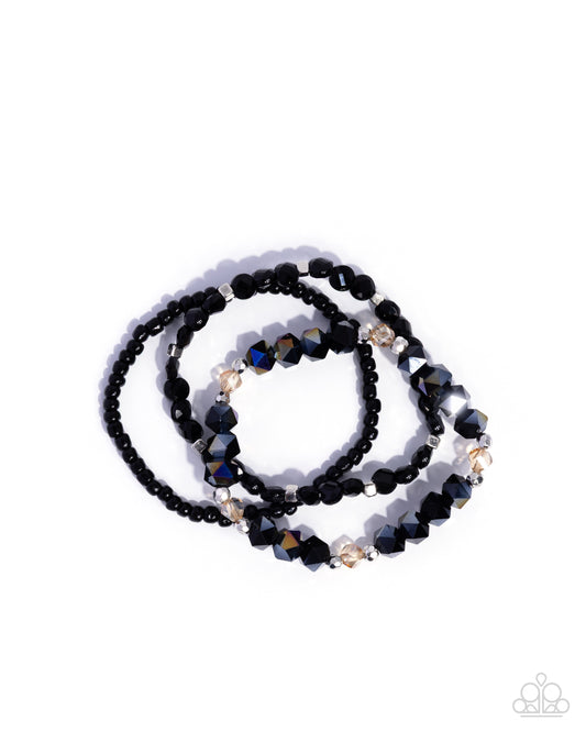 Paparazzi Confident Courtesy - Black Seed Bead & UV Shimmery Black Bead Set Of 3 Stretch Bracelets B2533