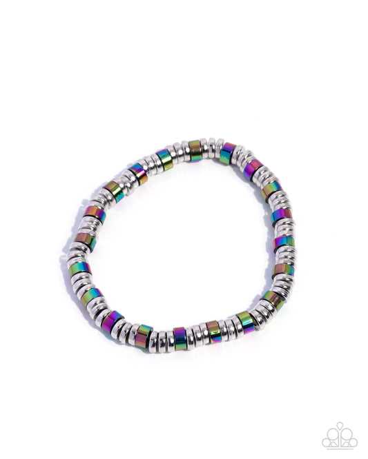 Paparazzi Surprising Color - Multicolored Oil Spill & Silver Disc Urban Stretch Bracelet