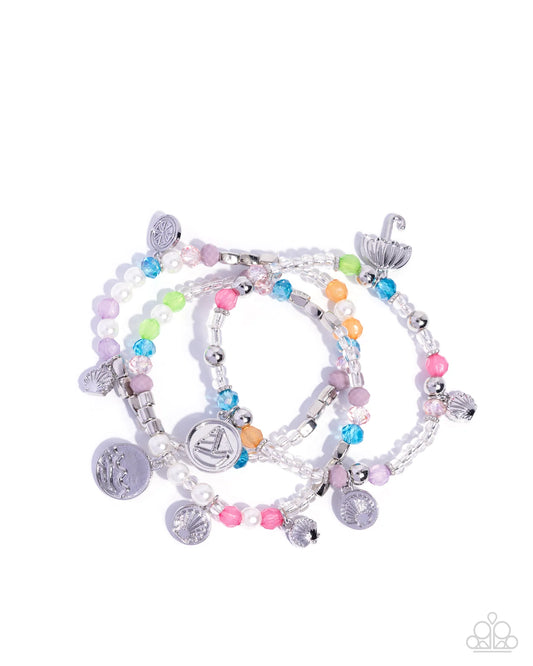 Paparazzi Coastal Competition - Multicolored Bead Silver Charm Stretch Bracelets Empower Me Pink 2026 Exclusive B2661