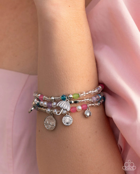 Paparazzi Coastal Competition - Multicolored Bead Silver Charm Stretch Bracelets Empower Me Pink 2026 Exclusive B2661
