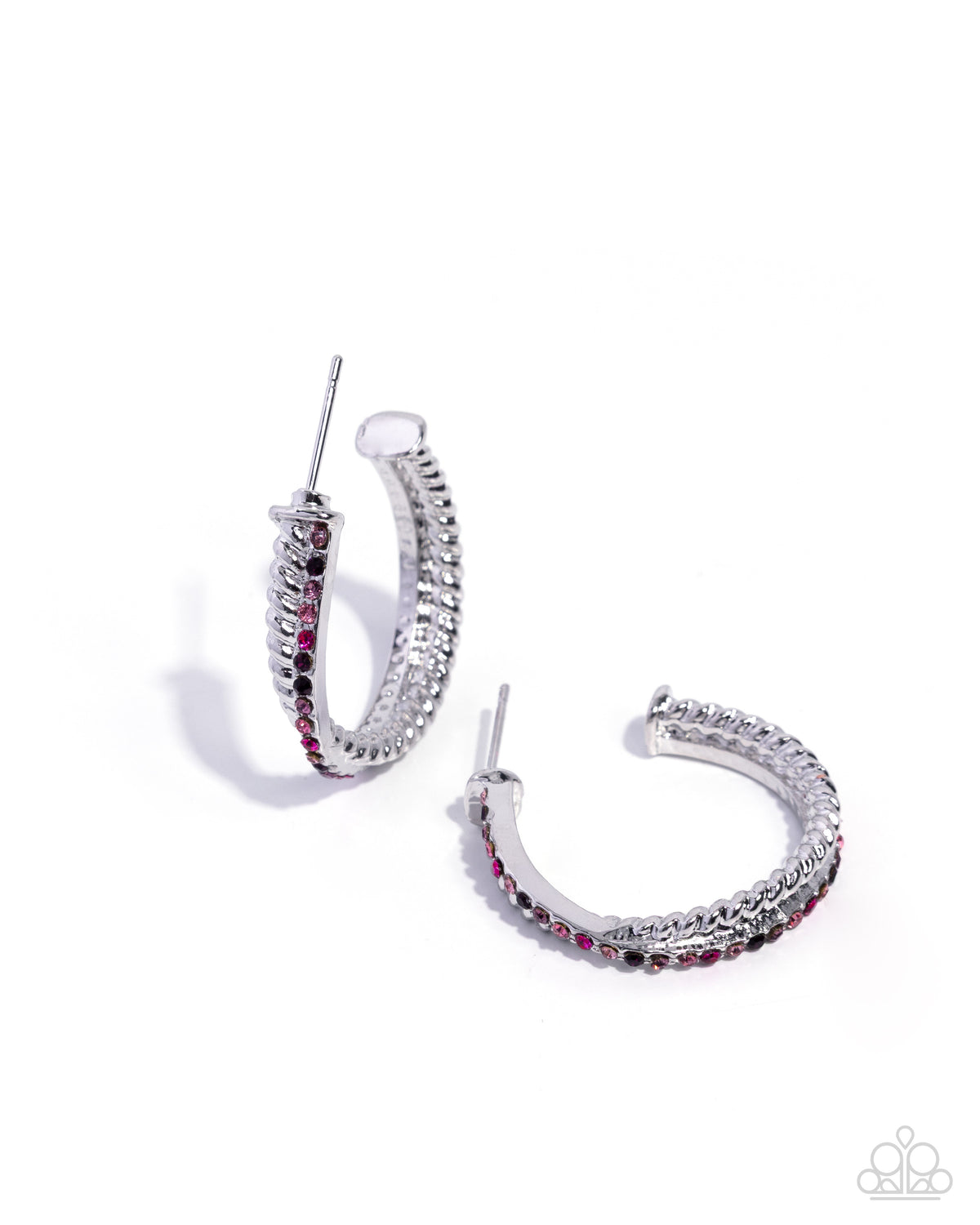 Paparazzi Crossed Courtesy - Pink Multicolored Rhinestone Silver 1 Inch Hoop Earring