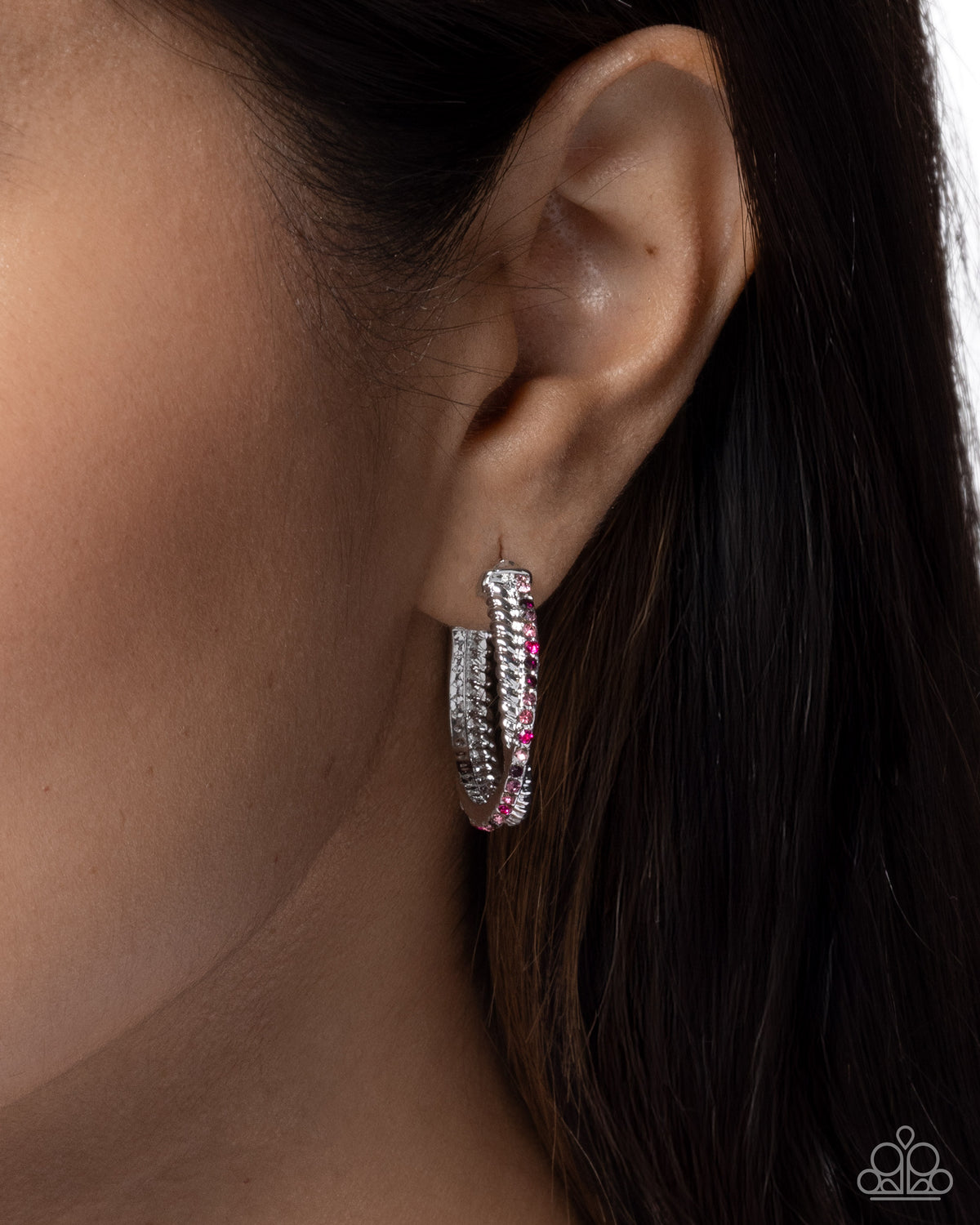 Paparazzi Crossed Courtesy - Pink Multicolored Rhinestone Silver 1 Inch Hoop Earring