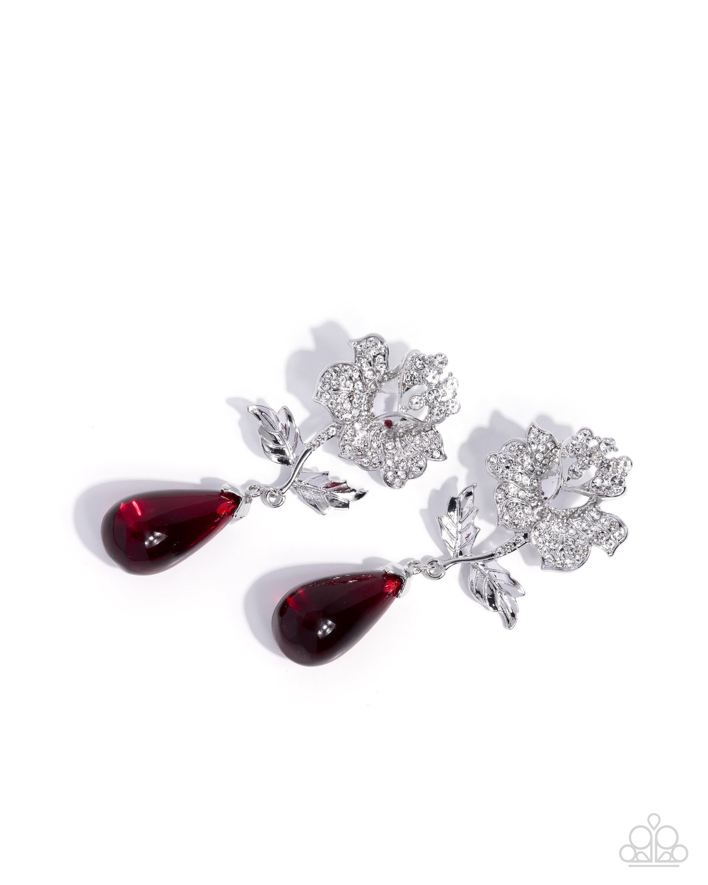 Paparazzi Flourishing Fringe - Red Lava Falls Teardrop White Rhinestone Silver Rose Earring E3352