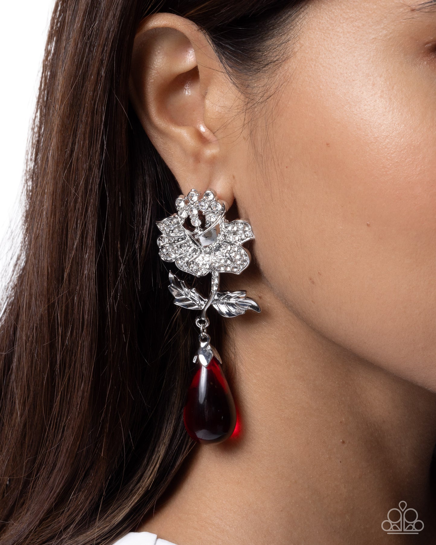 Paparazzi Flourishing Fringe - Red Lava Falls Teardrop White Rhinestone Silver Rose Earring E3352