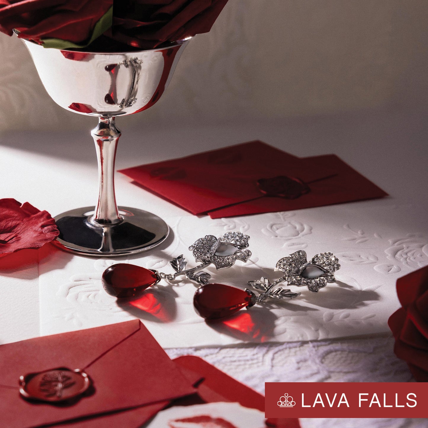 Paparazzi Flourishing Fringe - Red Lava Falls Teardrop White Rhinestone Silver Rose Earring E3352