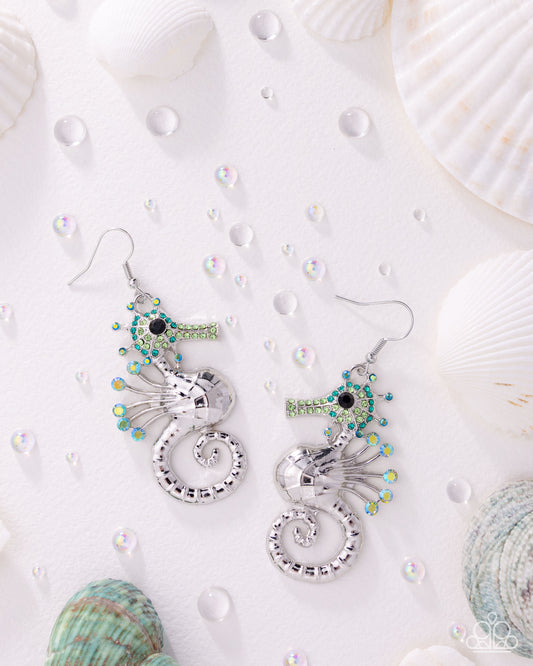 Paparazzi Sea Horse Shimmer - Green, Malachite Rhinestone Sea Horse Beach Style Earring E3481