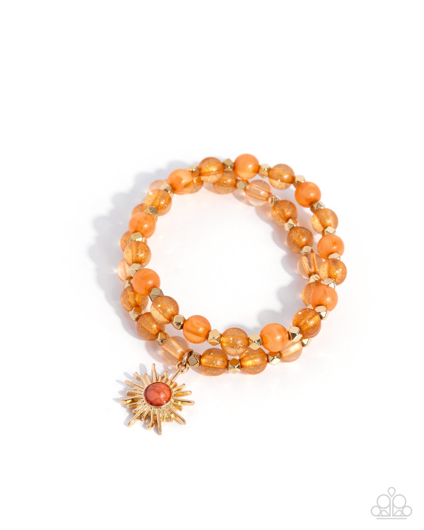 Paparazzi Serene Sunrise - Orange Bead, Gold Sunburst Pendant Set Of 2 Stretch Bracelets