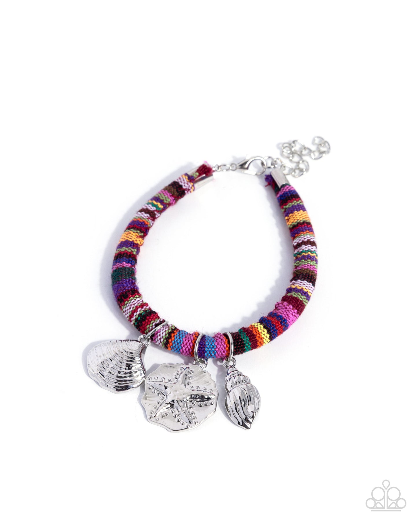 Paparazzi Coastal Condition - Purple Multicolored Striped Fabric Silver Seashell Nautical Charm Bracelet B2664