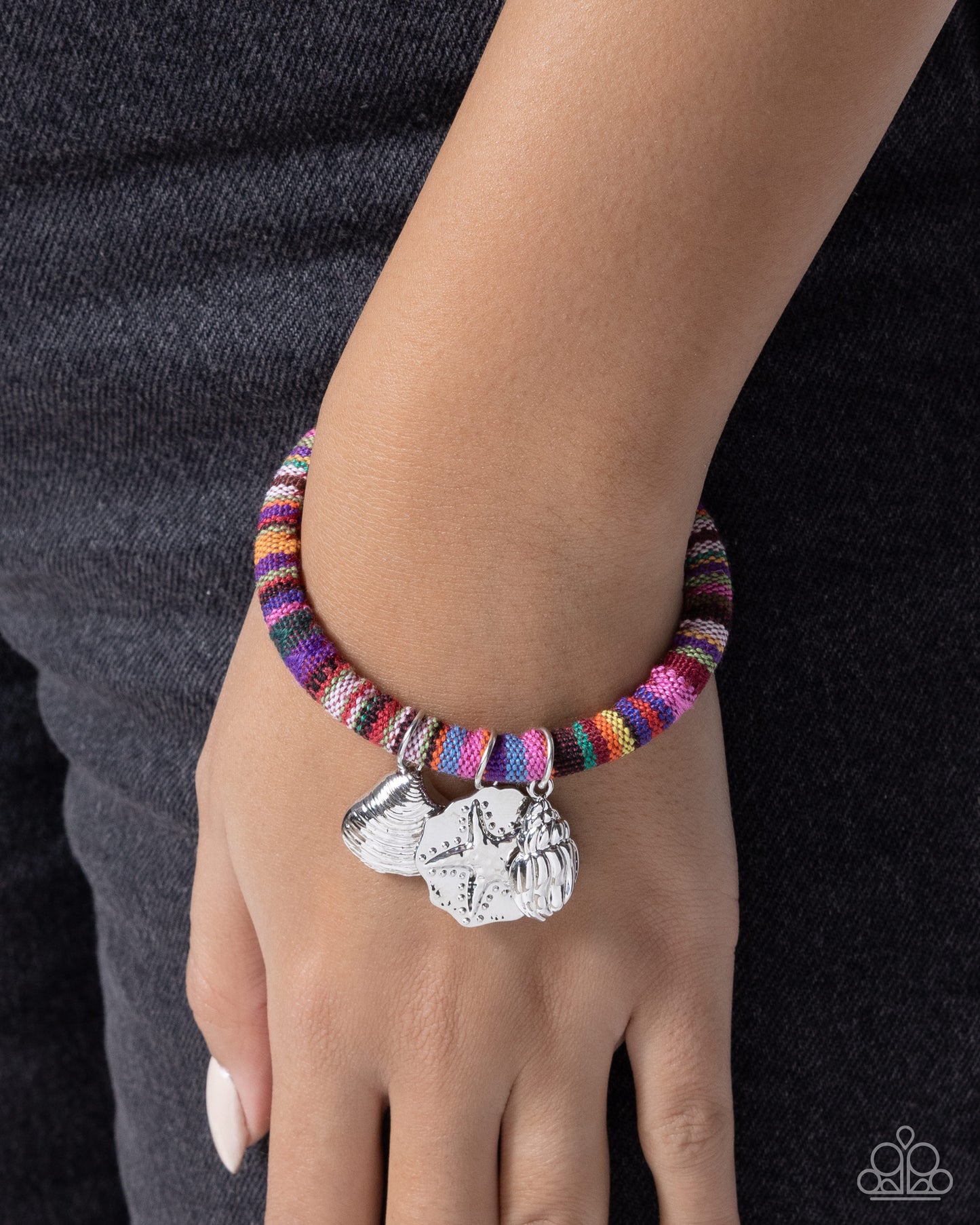 Paparazzi Coastal Condition - Purple Multicolored Striped Fabric Silver Seashell Nautical Charm Bracelet B2664