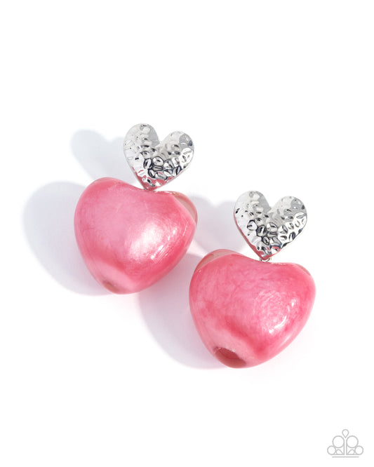 Paparazzi Mesmerizing Melody - Pink Large Heart & Silver Hammered Heart Earring E3410