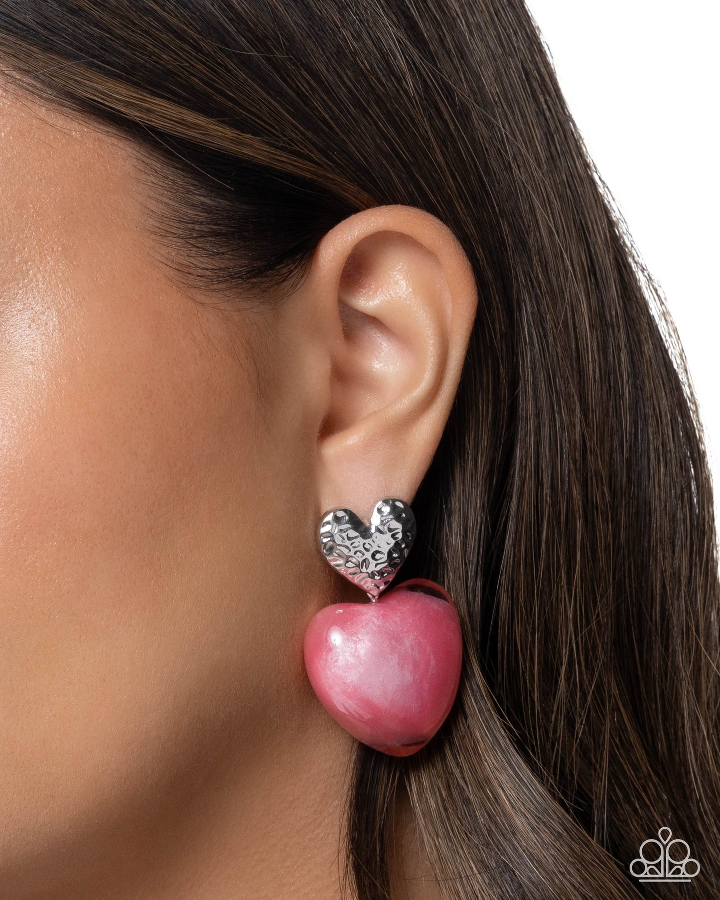 Paparazzi Mesmerizing Melody - Pink Large Heart & Silver Hammered Heart Earring E3410