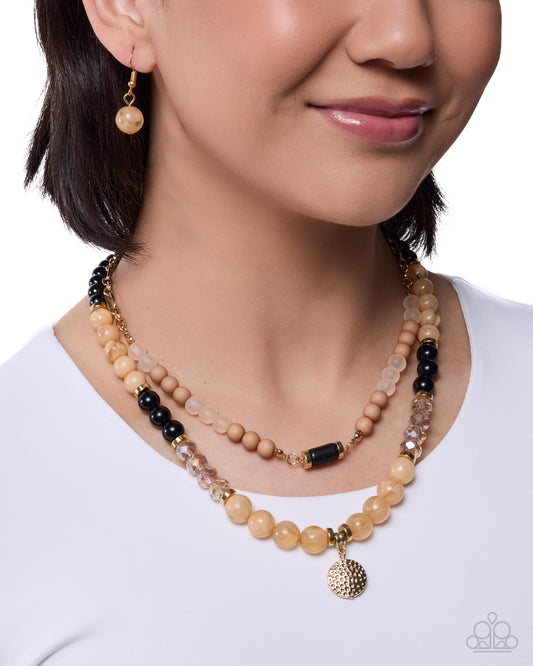 Paparazzi Hammered Habit - Brown, Black, Champagne Bead Gold Disc Layered Necklace