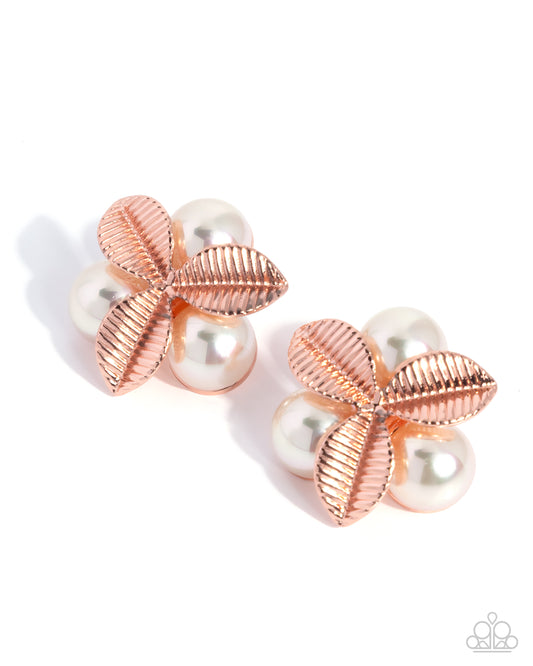 Paparazzi Pearly Publicity - Copper - Shiny Copper Palm Leaves White Pearl Post Earring