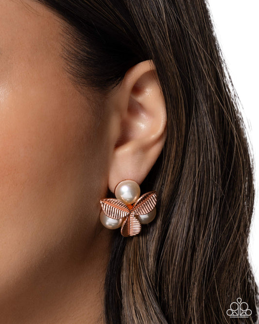 Paparazzi Pearly Publicity - Copper - Shiny Copper Palm Leaves White Pearl Post Earring