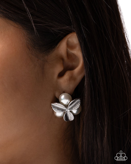 Paparazzi Pearly Publicity - White Pearl Silver Palm Leaves Post Earring