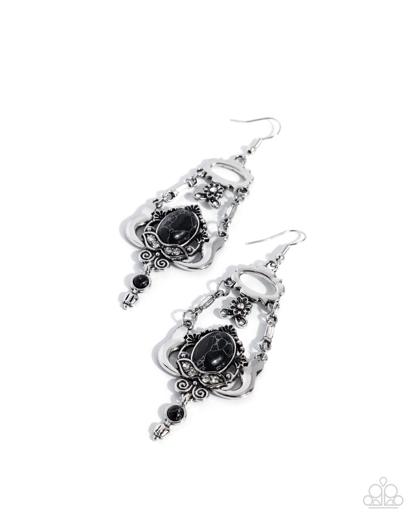 Paparazzi Earthy Elaboration - Black Stone Silver Floral Filigree Earring E3405