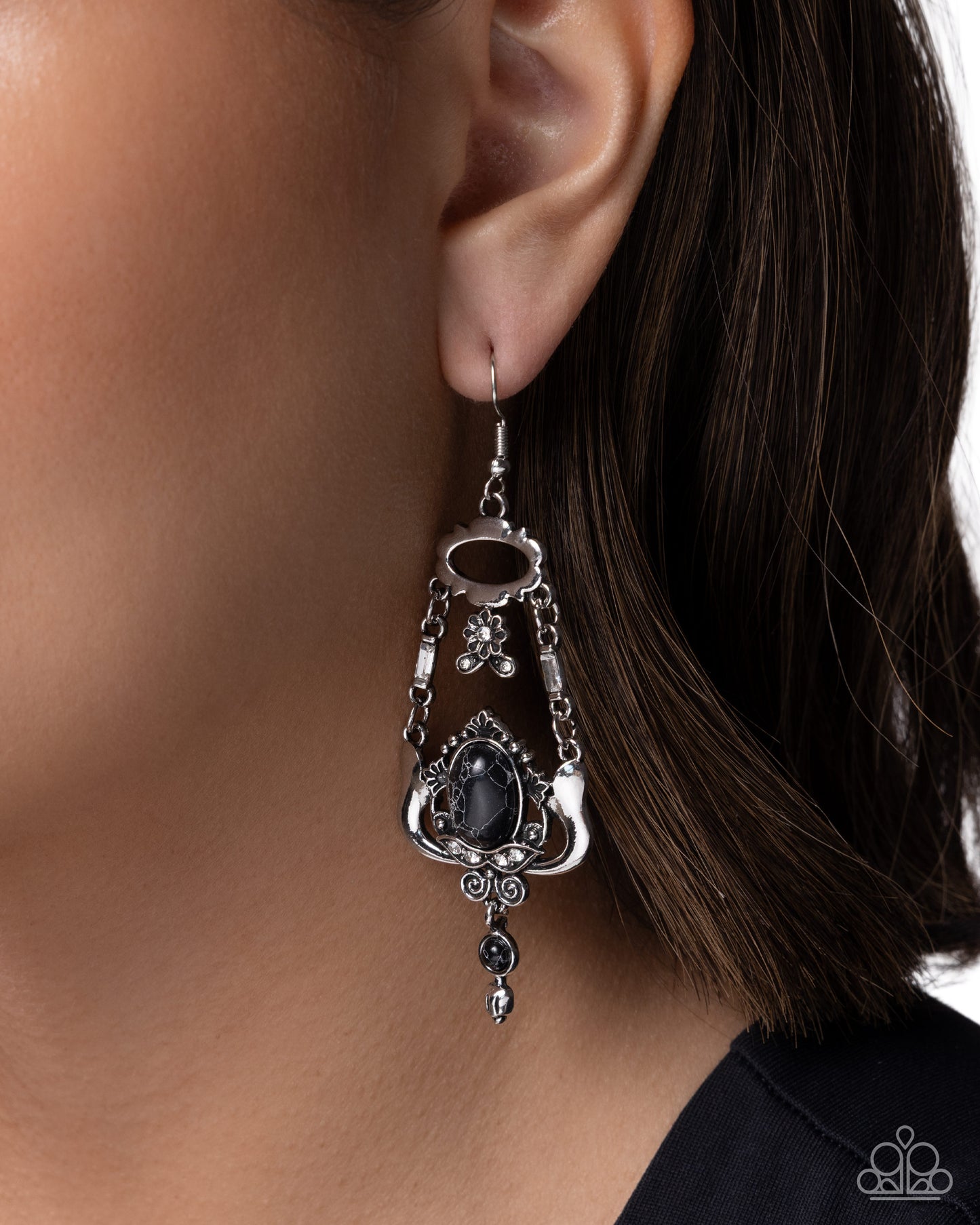 Paparazzi Earthy Elaboration - Black Stone Silver Floral Filigree Earring E3405