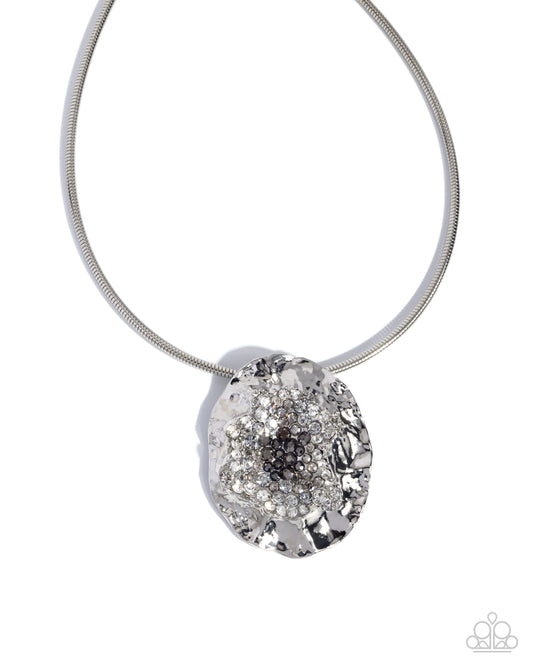 Paparazzi Coil Command - Silver, White, Smoky & Hematite Rhinestone Hammered Crimped Pendant Necklace N4012