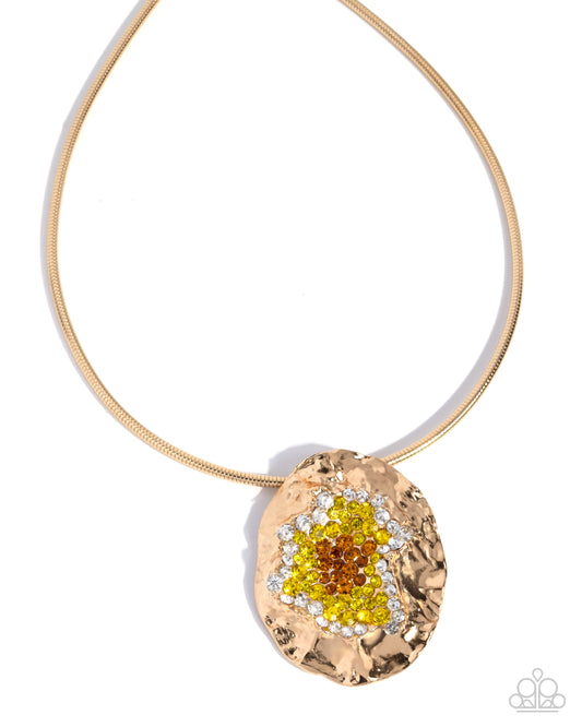 Paparazzi Coil Command - Yellow, White & Orange Rhinestone Gold Crimped Oversized Pendant Necklace