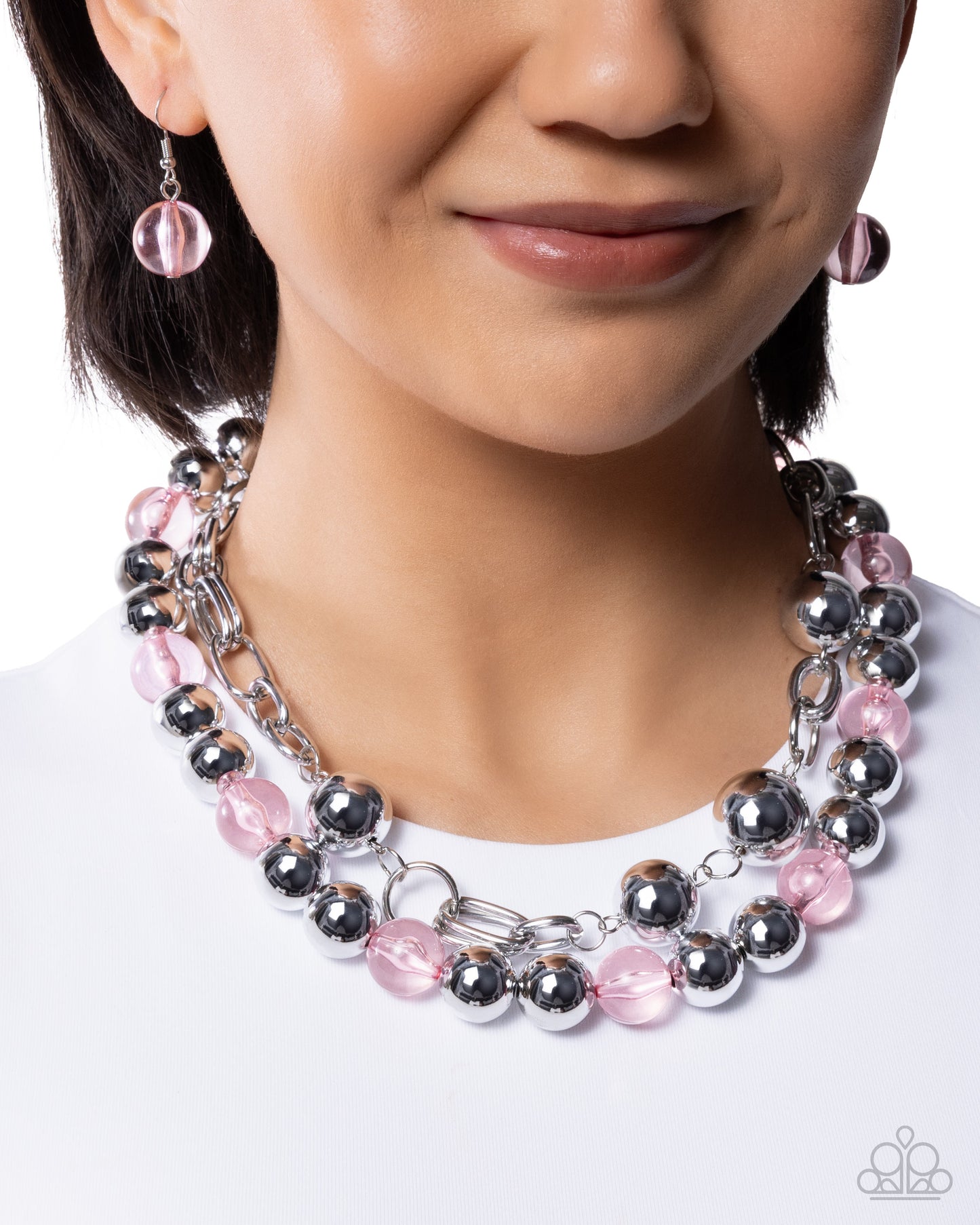 Paparazzi Memorable Maestro - Pink Tea Rose & Silver Bead Layered Necklace