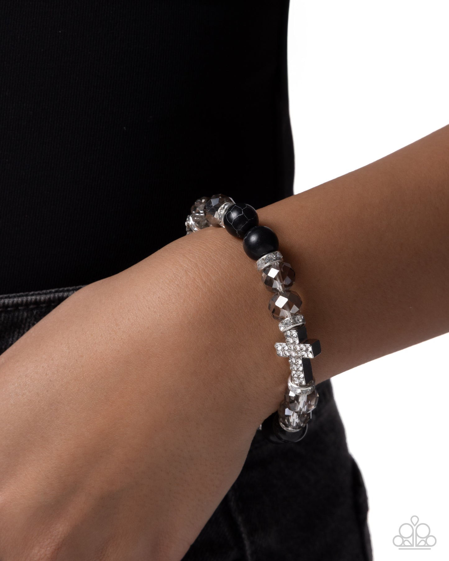 Paparazzi Celestial Crush - Black Marbled Stone, Smoky Bead & White Rhinestone Silver Cross Stretch Bracelet