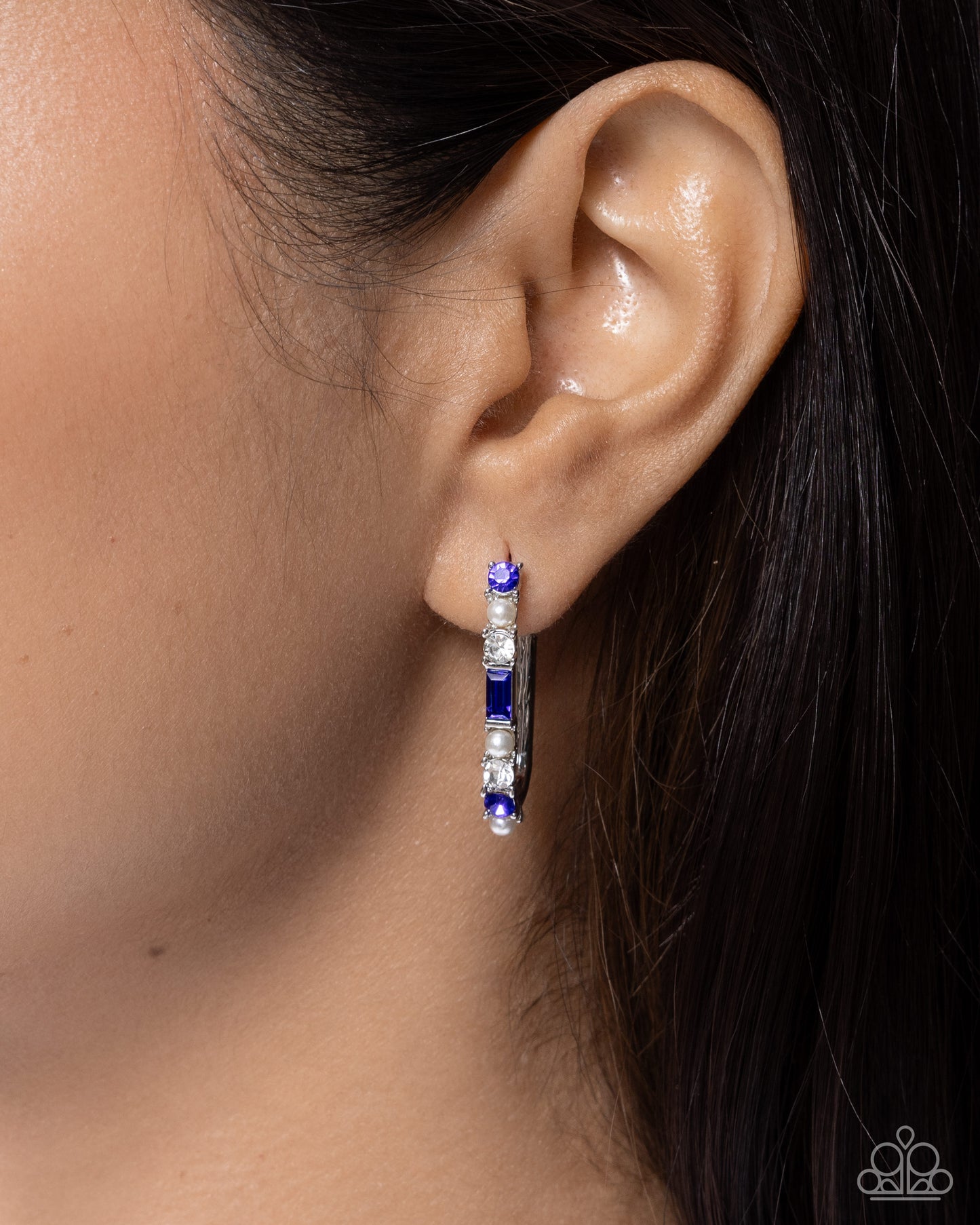 Paparazzi Captivating Collection - Blue Sapphire Gem, White Gem & Pearl 1/2 Inch Hoop Earring