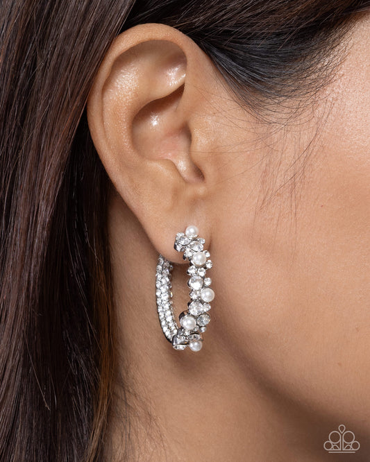Paparazzi Graceful Gaze - White Rhinestone, Gem & Pearl 1 1/4 Inch Hoop Earring