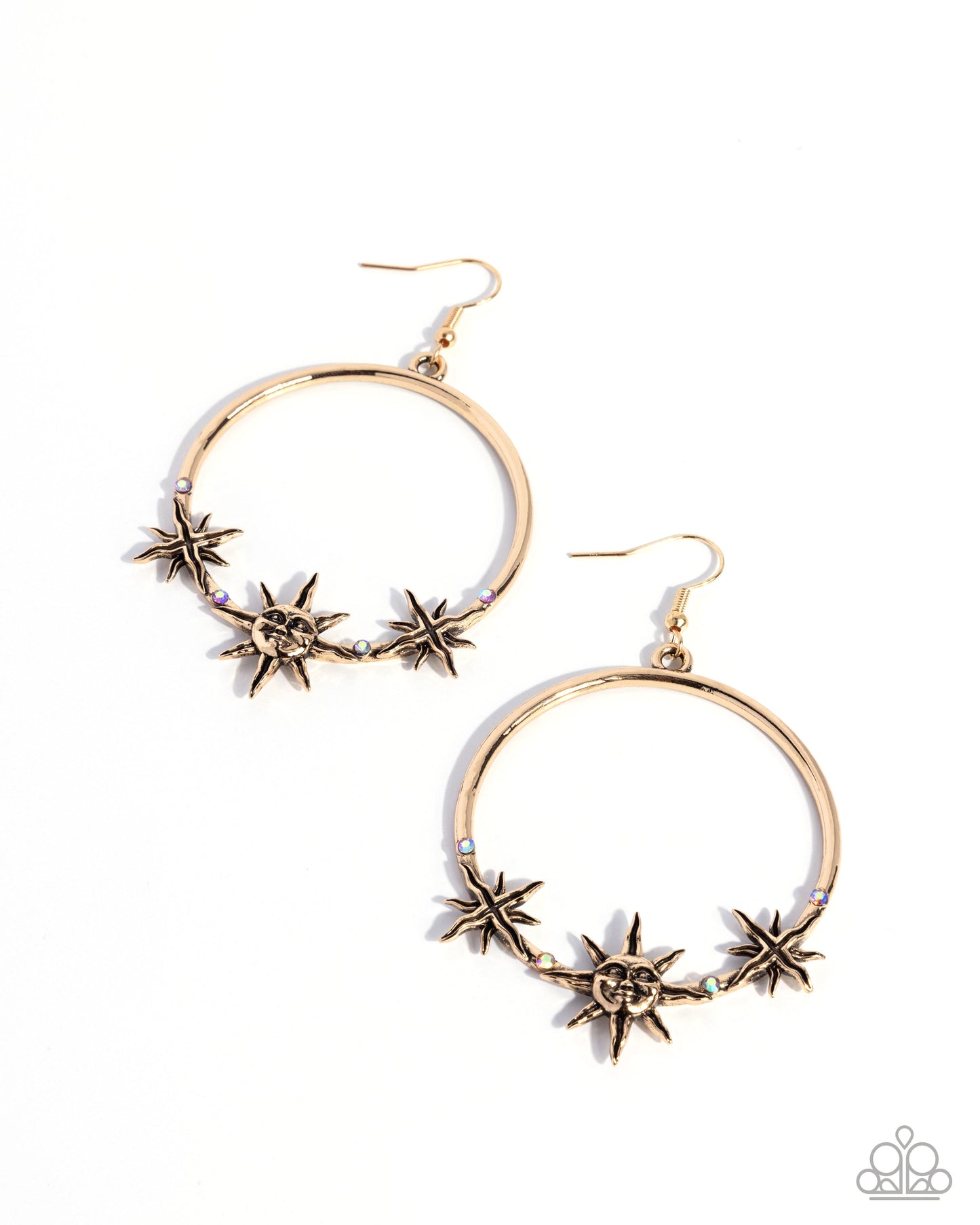 Paparazzi Heraldry Halftime - Multi Light Rose & Topaz Iridescent Rhinestone Antiqued Gold Sun Earring E3344