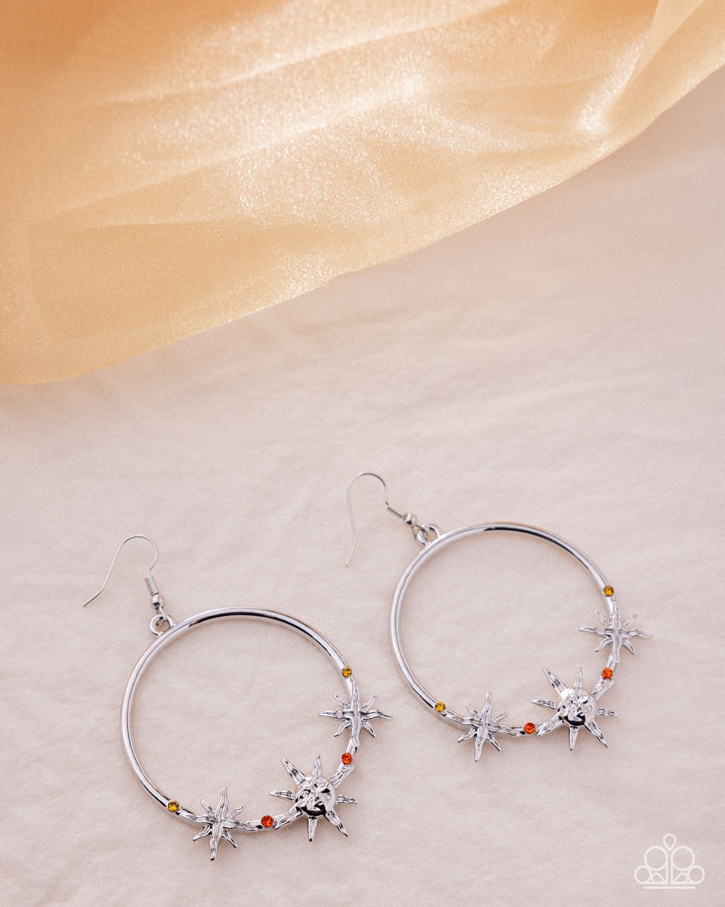 Paparazzi Heraldry Halftime - Orange, Topaz Rhinestone & Silver Sun Earring E3416
