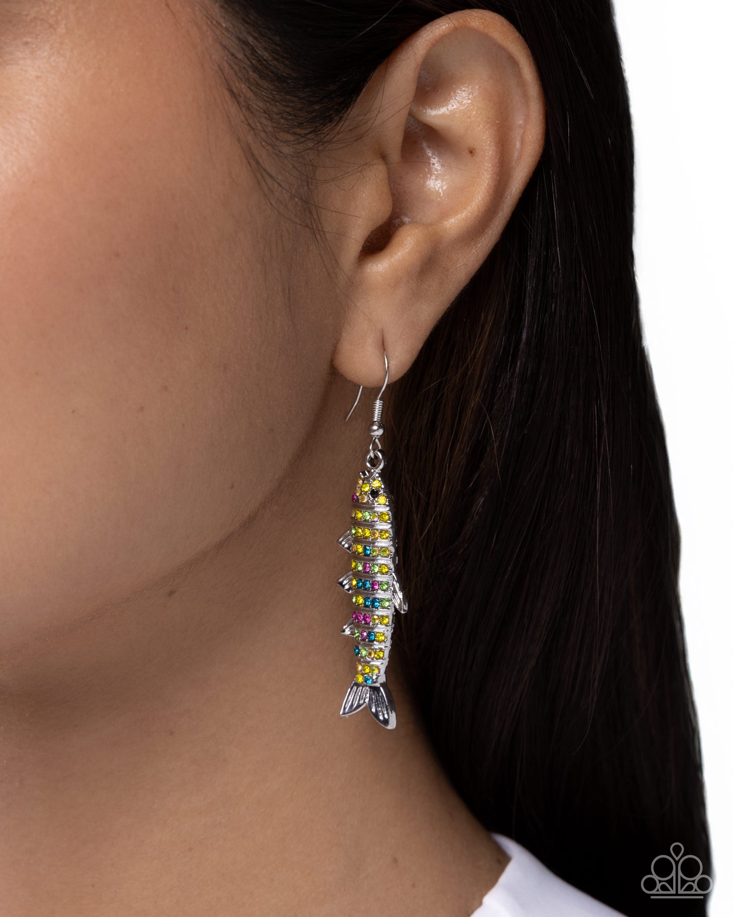 Paparazzi Sophisticated Sardine - Multicolored & Iridescent Rhinestone Fish Earring E3263