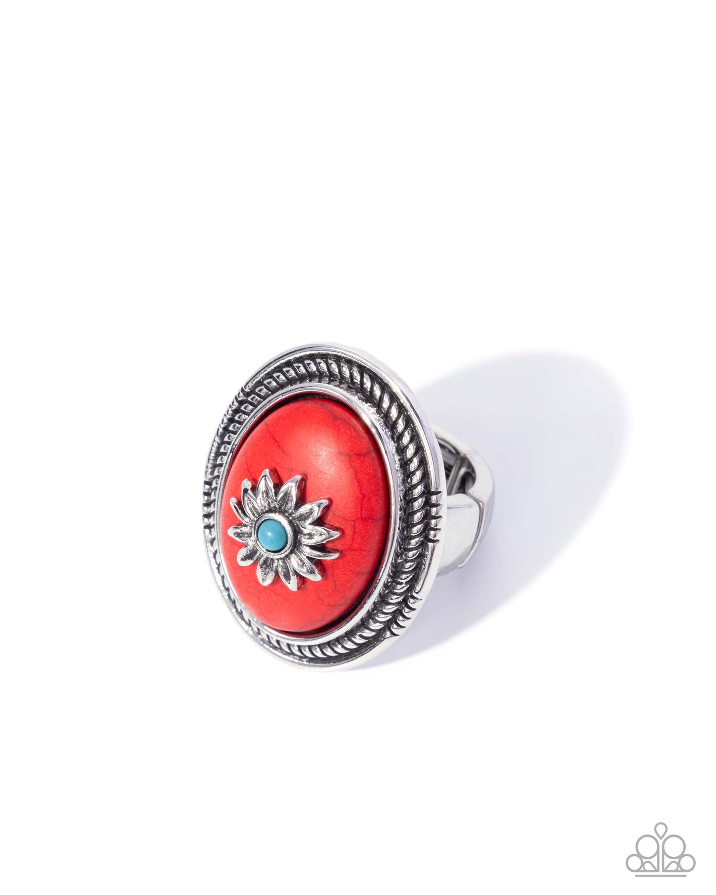 Paparazzi Rustic Raid - Red Marbled Stone Silver Flower Ring R1402