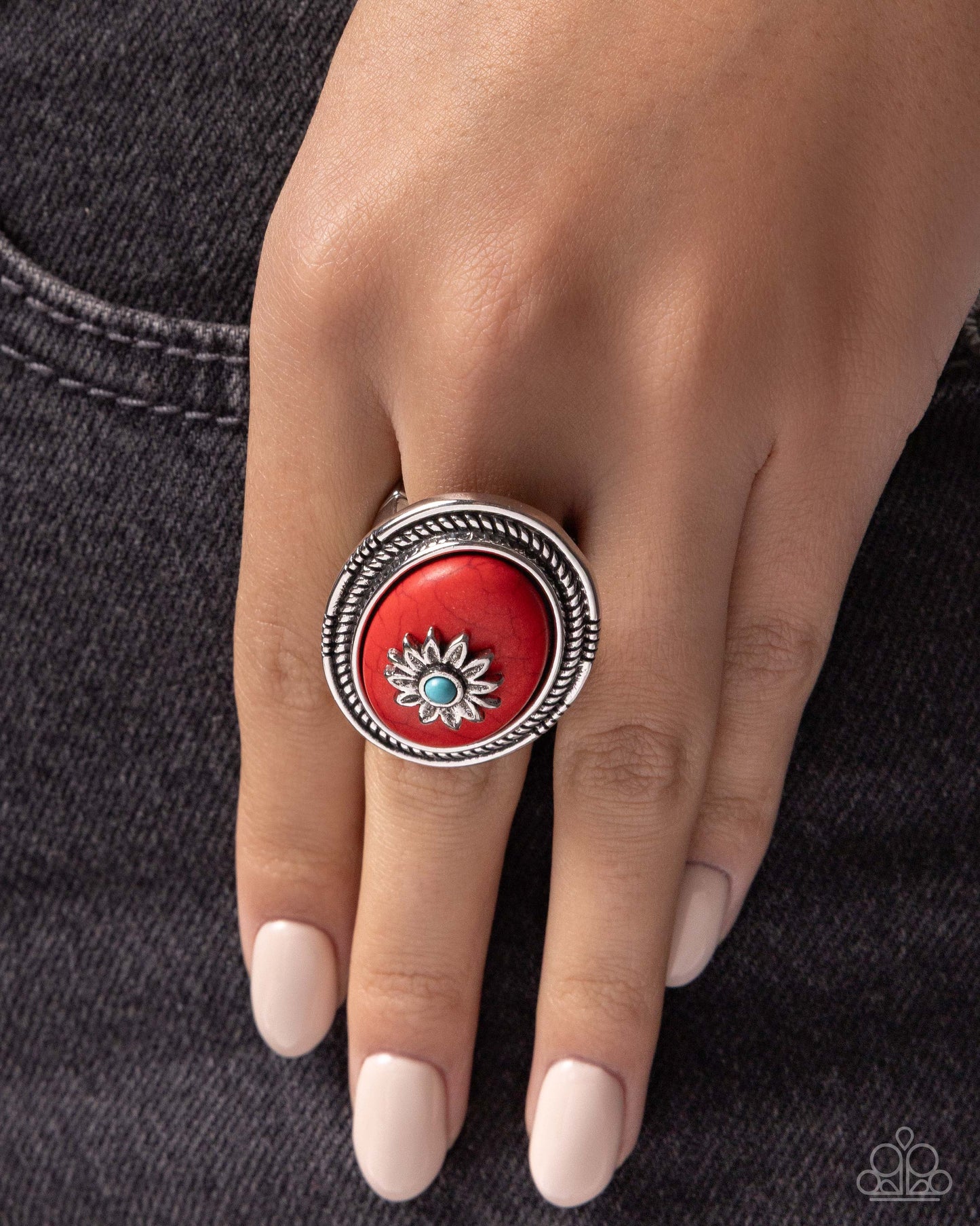 Paparazzi Rustic Raid - Red Marbled Stone Silver Flower Ring R1402