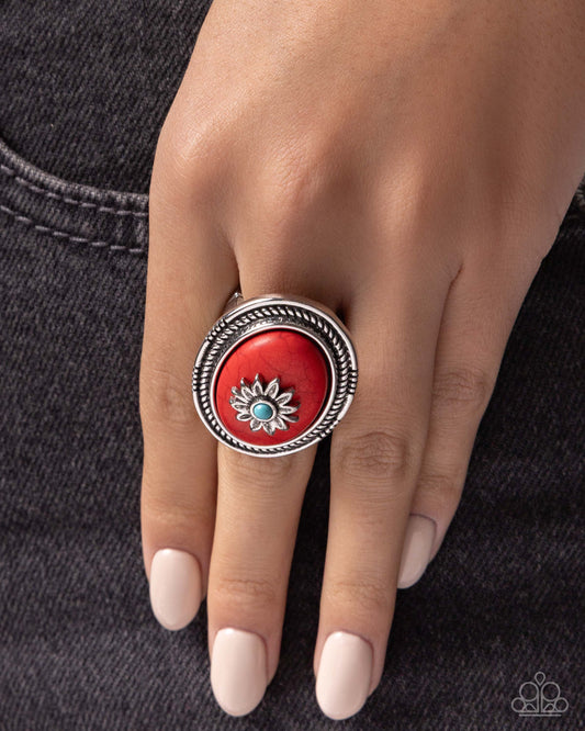 Paparazzi Rustic Raid - Red Marbled Stone Silver Flower Ring R1402