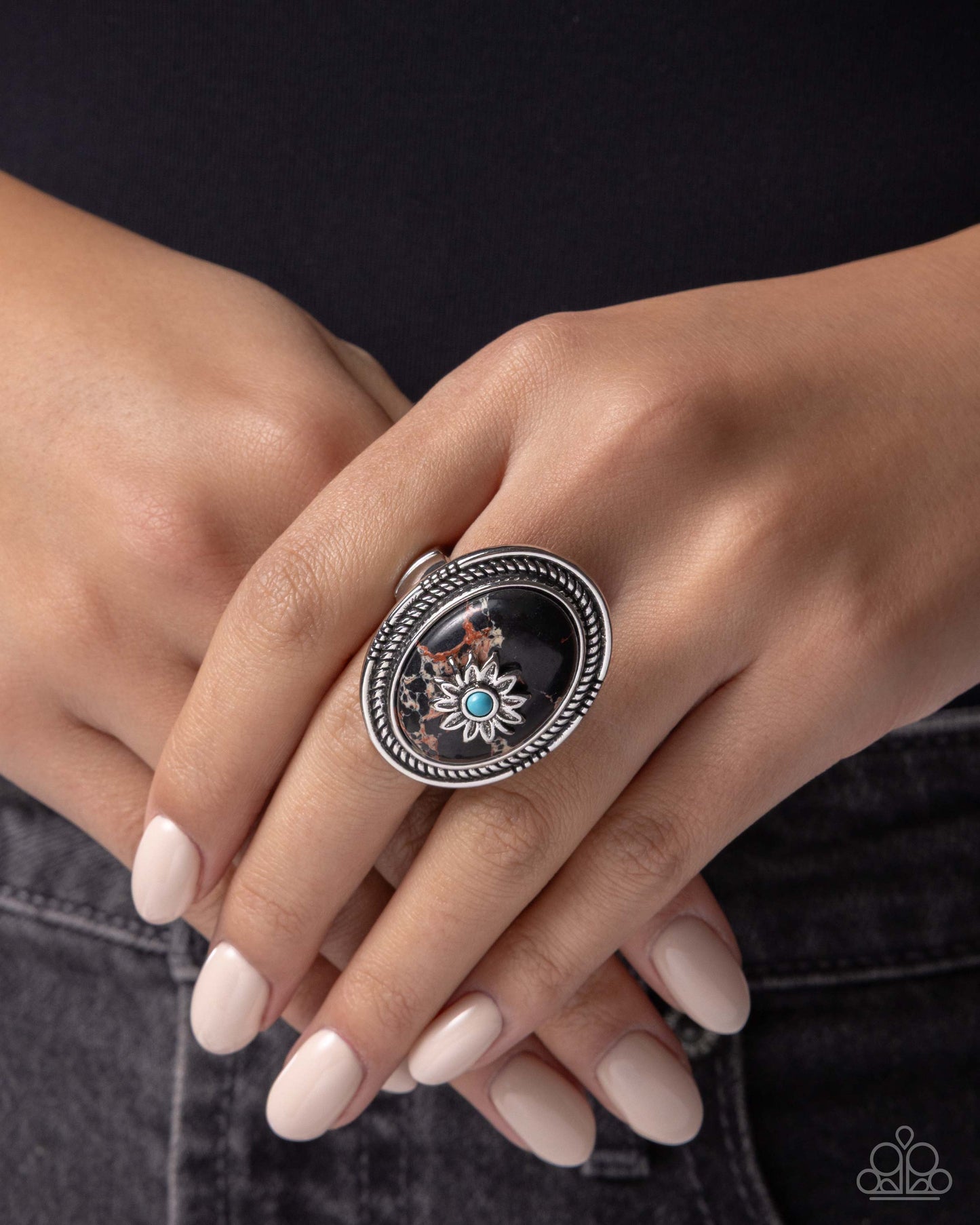 Paparazzi Rustic Raid - Black Marbled Stone Santa Fe Style Ring R1401