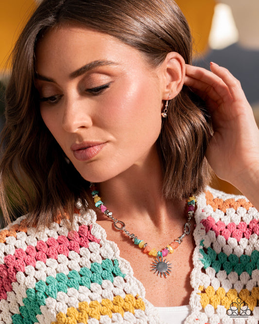 Paparazzi Sunshine Search - Multicolored  Primrose, Turquoise, Purple Stone Silver Sun Charm Necklace