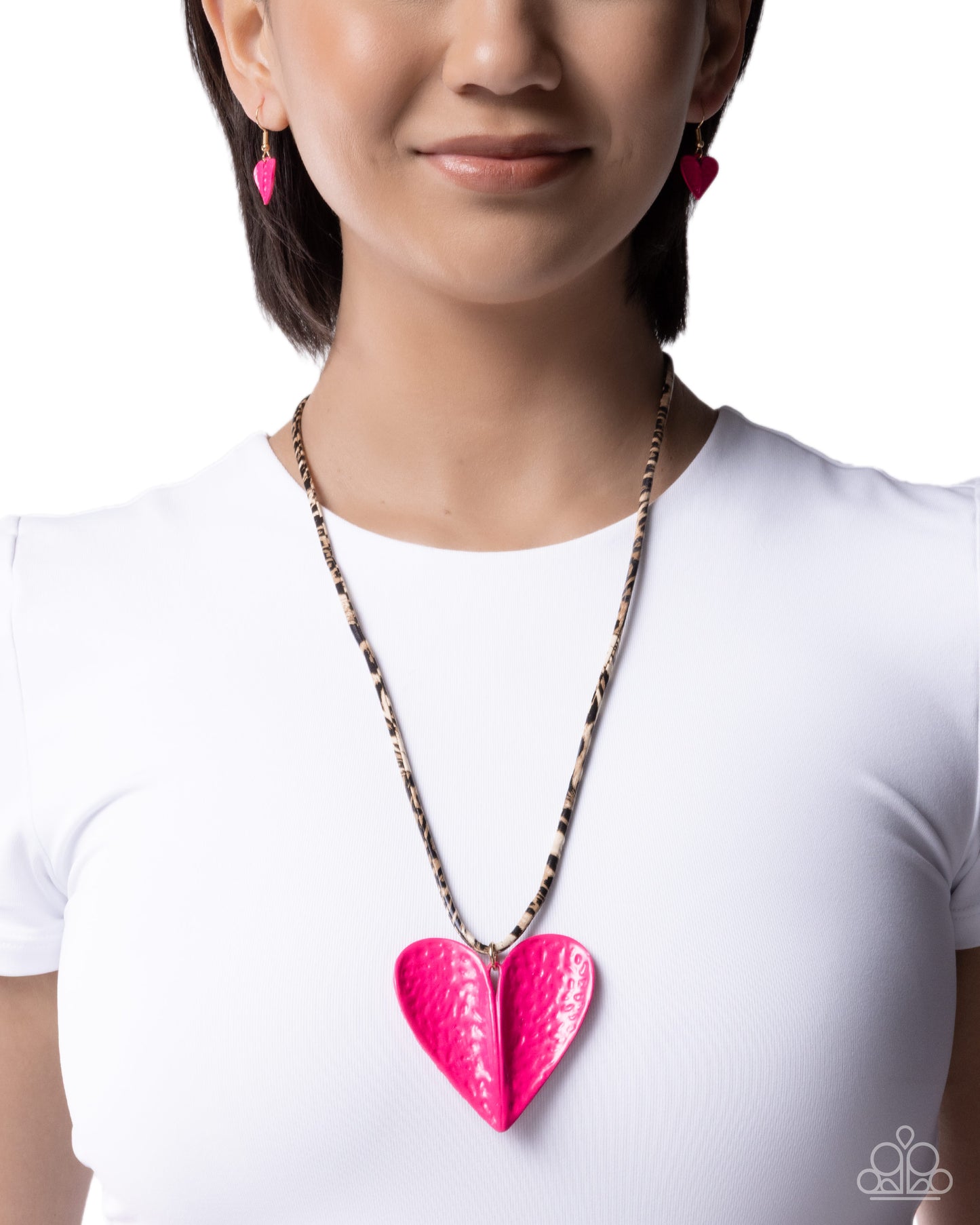 Paparazzi Cupid Craze - Pink Peacock Heart & Leopard Print Cord Pendant Necklace N3955
