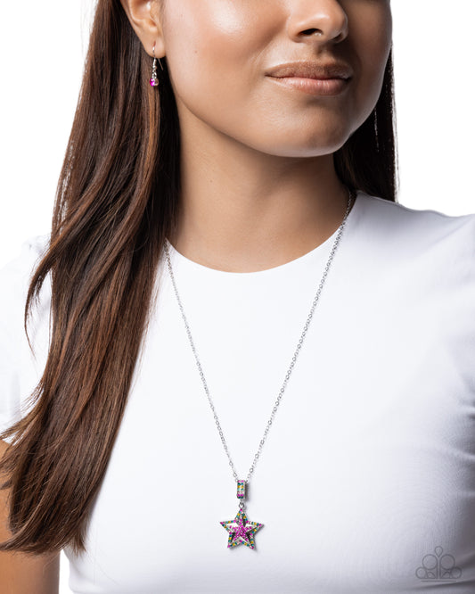 Paparazzi Surreal Star - Pink Fuchsia, Multicolored Rhinestone Star Pendant Necklace