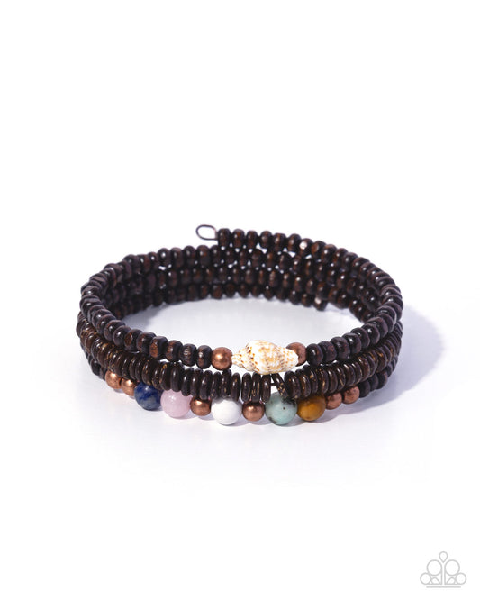 Paparazzi Shell Specialty - Copper, Multicolored Stone, Brown Wood Bead & Seashell Coil Bracelet B2720