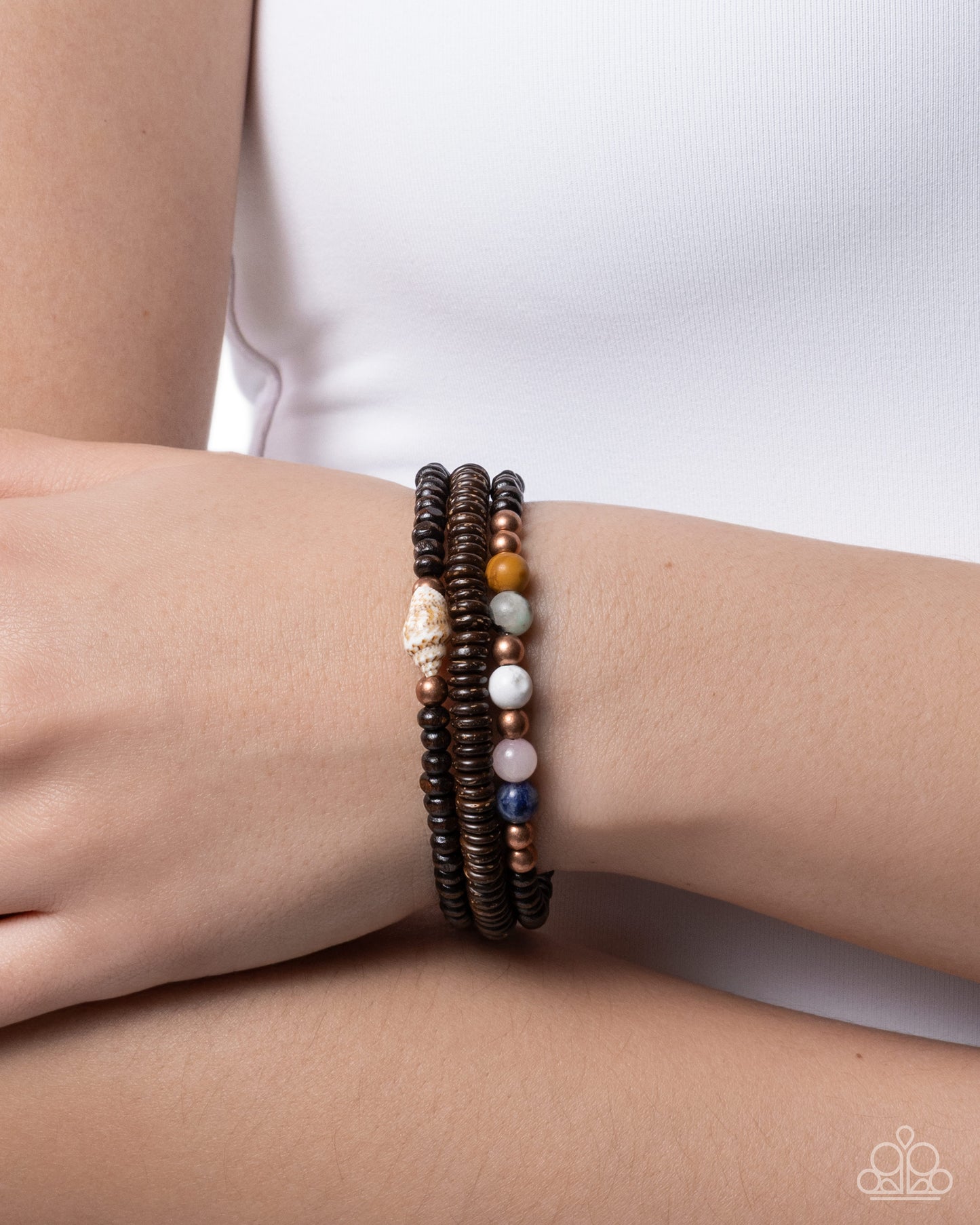 Paparazzi Shell Specialty - Copper, Multicolored Stone, Brown Wood Bead & Seashell Coil Bracelet
